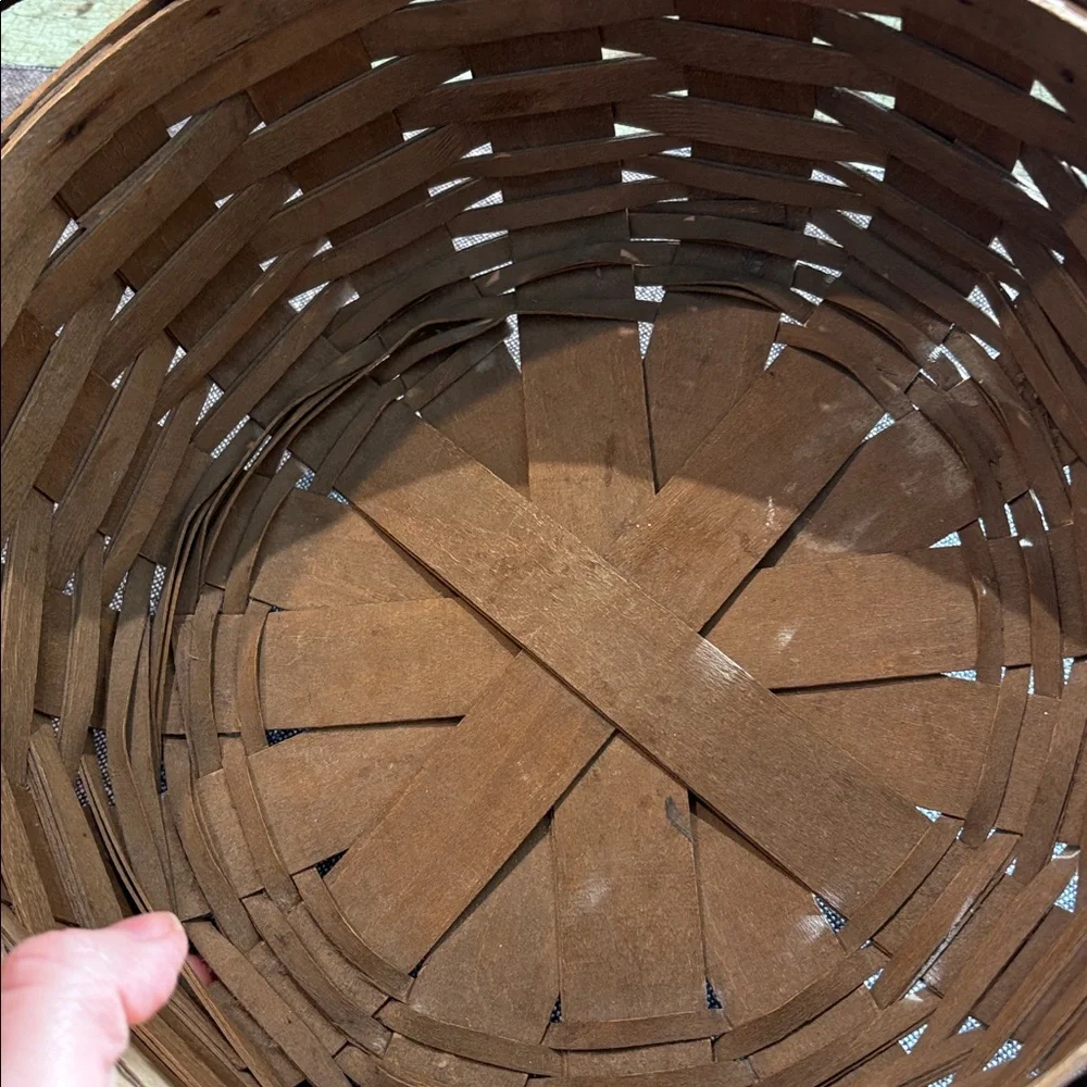Signed 1982 Handwoven Wood Splint Basket Leather Handles Primitive